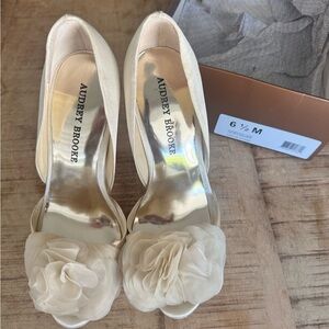 Audrey Brooke Ivory Floral Peep-Toe Heels with Decorative Rosettes